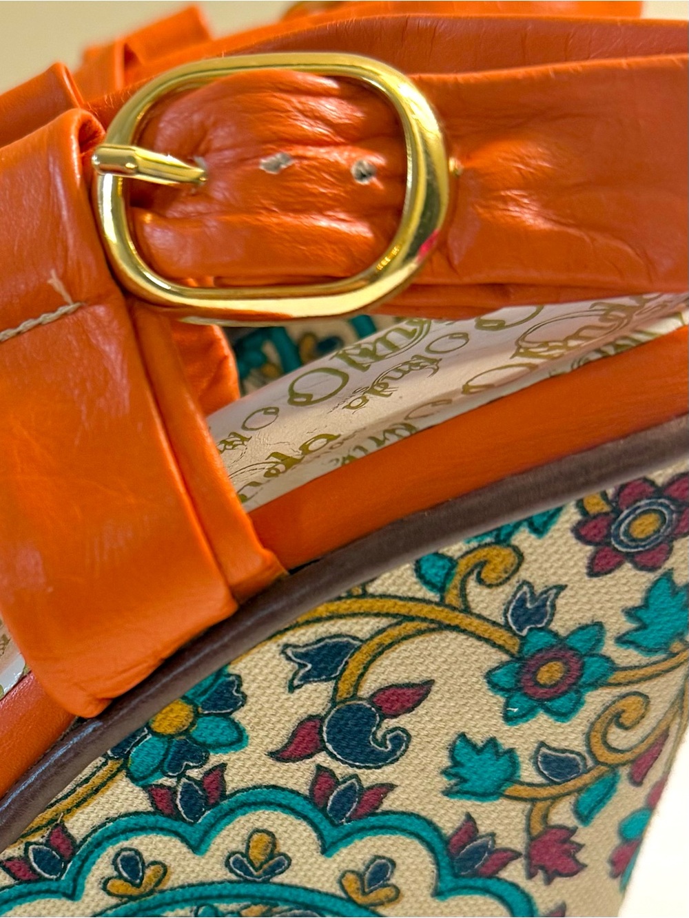 Orange Tapestry Patterned-Platform Wedge Sandals with Cross Straps- Size 8 - Picture 8 of 12